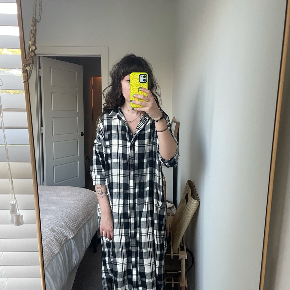 Esby Apparel Flannel Dress. Sustainable Austin TX. brand.